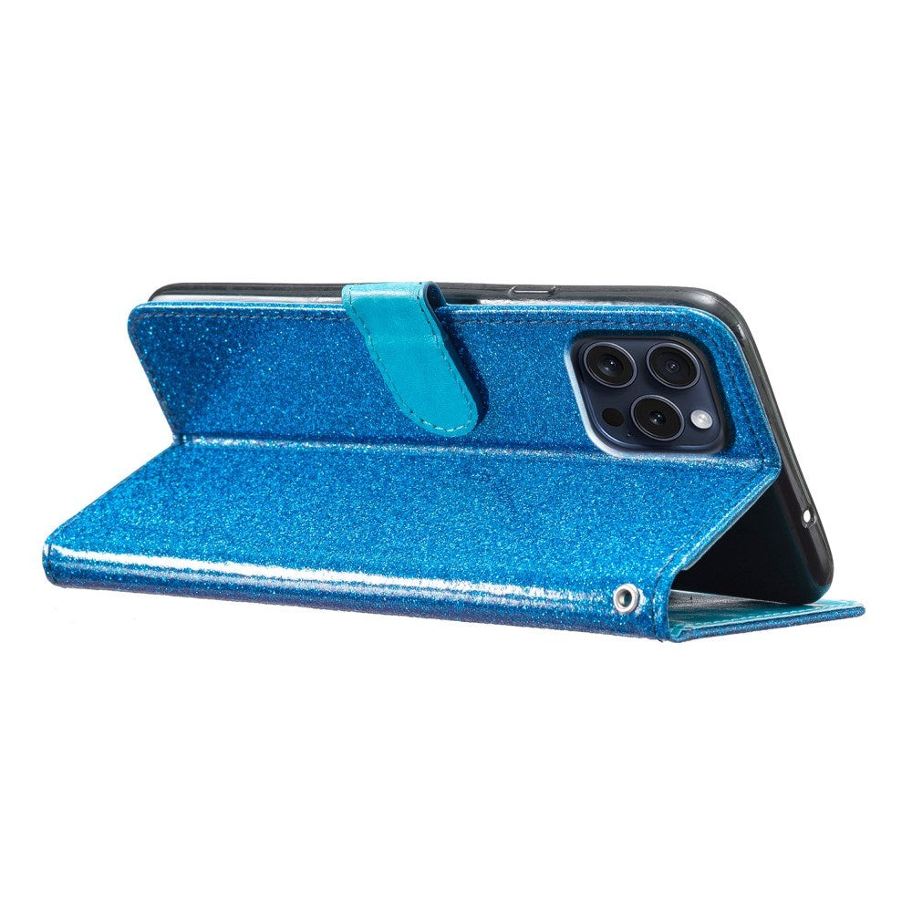 EIDERWOOD iPhone 16 Pro Leather Flip Case with Wallet and Strap - Glitter - Blue