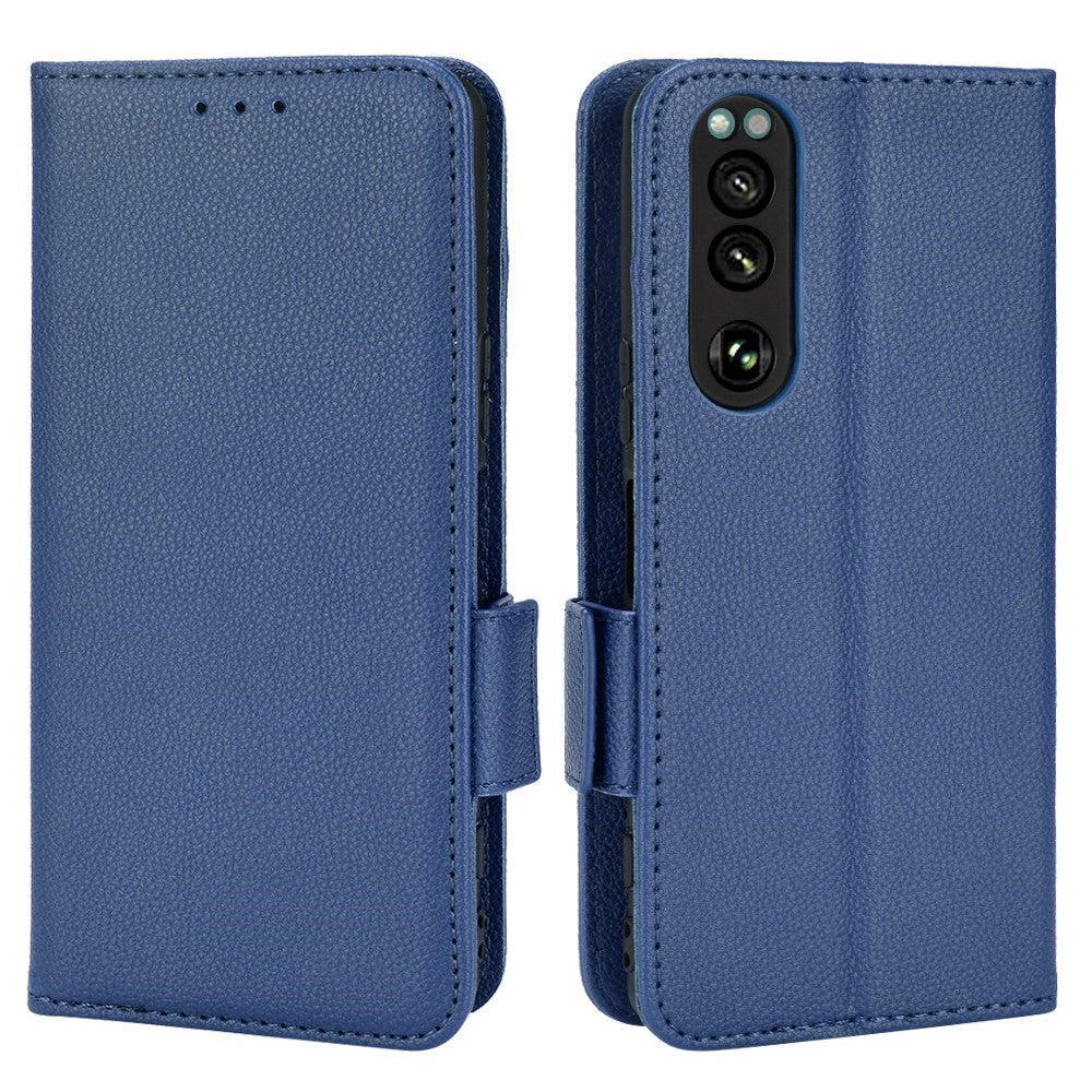 Sony Xperia 5 IV Litchi Leather Wallet Case - Dark Blue