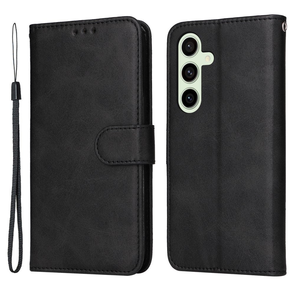 EIDERWOOD Samsung Galaxy S24 FE Leather Flip Case with Wallet and Strap - Black