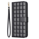 iPhone 16 Pro Checkered Leatherette Flip Wallet Case with Strap - Black