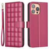 iPhone 16 Pro Checkered Leatherette Flip Wallet Case with Strap - Red