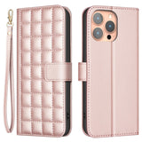 iPhone 16 Pro Checkered Leatherette Flip Wallet Case with Strap - Rose Gold