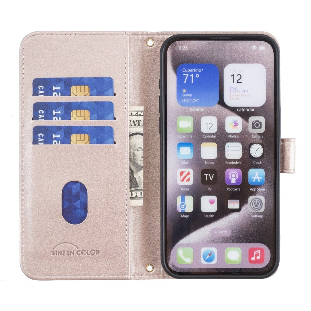 iPhone 16 Pro Checkered Leatherette Flip Wallet Case with Strap - Rose Gold