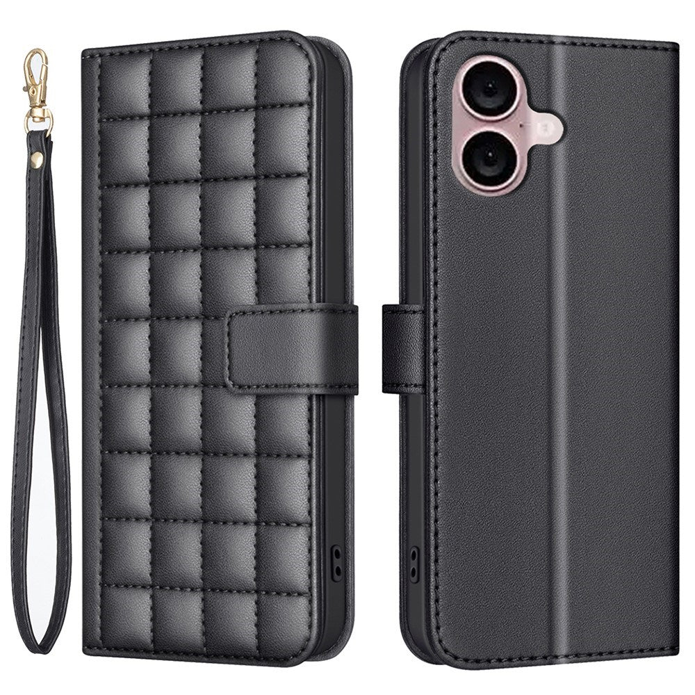 iPhone 16 Checkered Leatherette Flip Wallet Case with Strap - Black