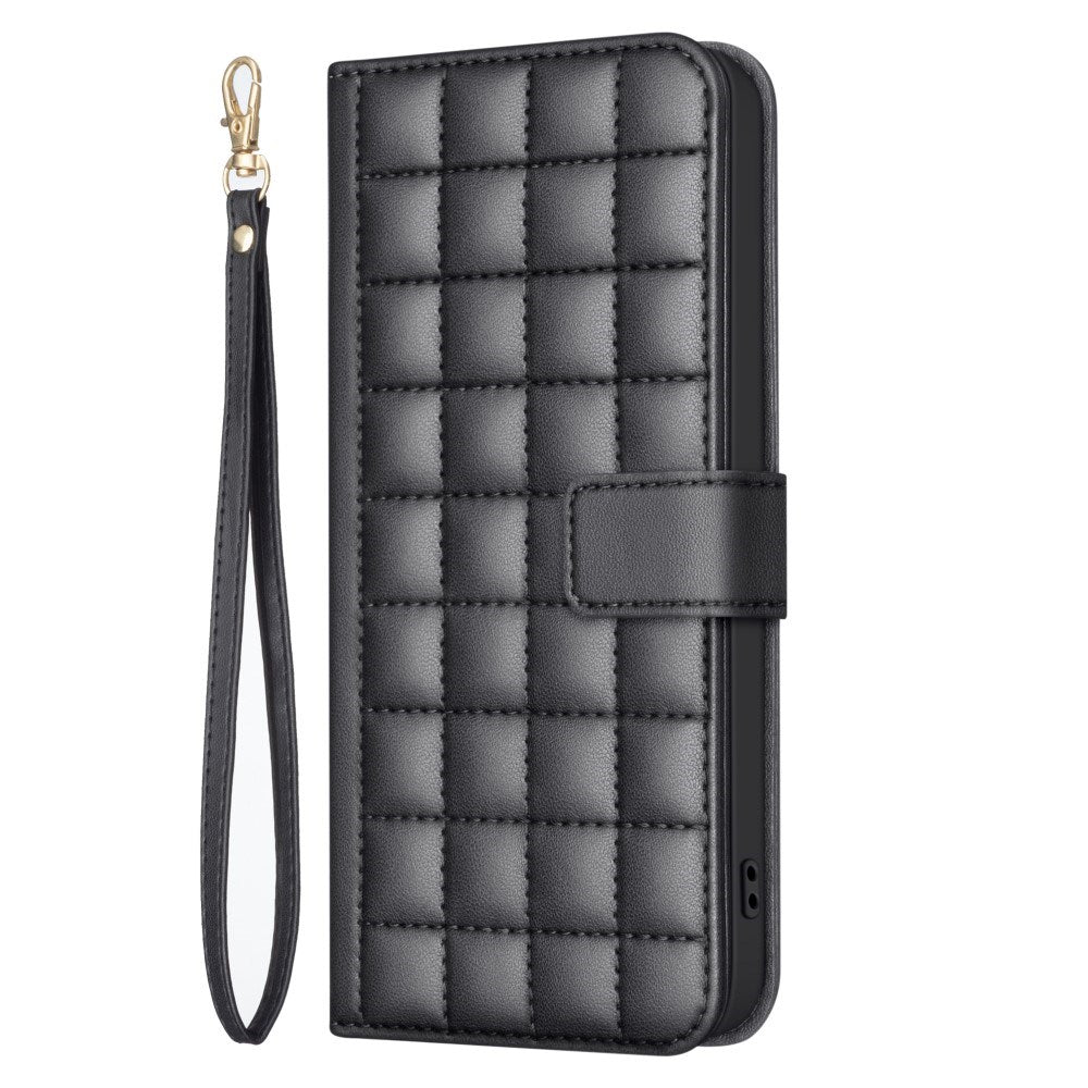 iPhone 16 Checkered Leatherette Flip Wallet Case with Strap - Black