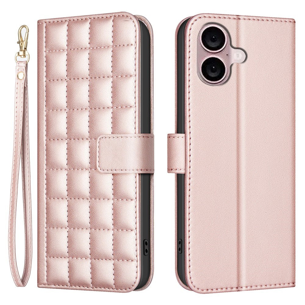 iPhone 16 Checkered Leatherette Flip Wallet Case with Strap - Rose Gold