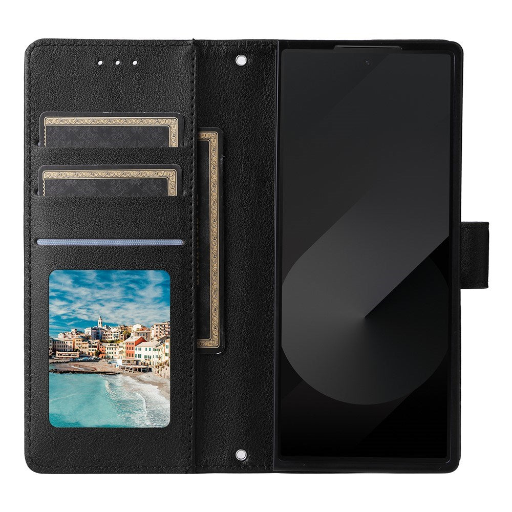 EIDERWOOD Samsung Galaxy Z Fold6 Faux Leather Flip Case with Card Holder & Strap - Black