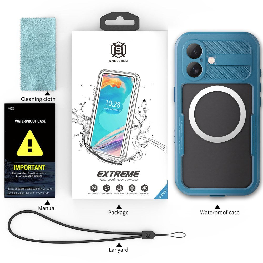 iPhone 16 Pro Waterproof Tough Case w. Screen Protector and Strap - MagSafe Compatible - Transparent / Blue