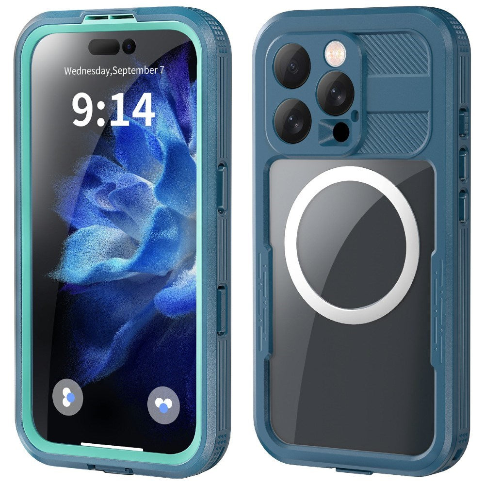 iPhone 16 Pro Waterproof Tough Case w. Screen Protector and Strap - MagSafe Compatible - Transparent / Blue