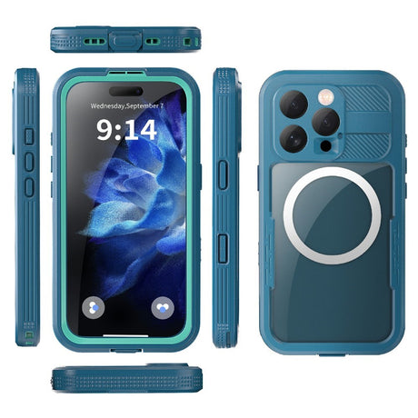 iPhone 16 Pro Waterproof Tough Case w. Screen Protector and Strap - MagSafe Compatible - Transparent / Blue