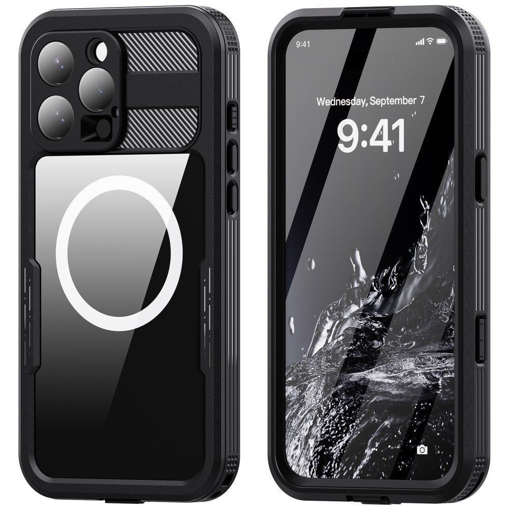 iPhone 16 Pro Max Waterproof Tough Case w. Screen Protector and Strap - MagSafe Compatible - Transparent / Black