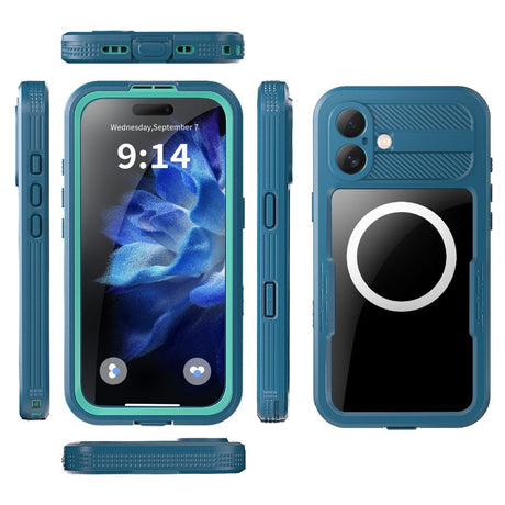 iPhone 16 Plus Waterproof Tough Case w. Screen Protector and Strap - MagSafe Compatible - Transparent / Blue