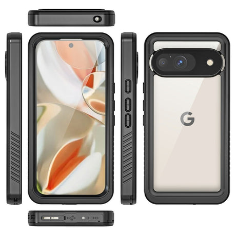 Google Pixel 9 - Waterproof Hybrid Case with Built-in Screen Protector Film - Transparent / Black