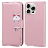 iPhone 16 Pro Faux Leather Flip Case with Character Design - Pink