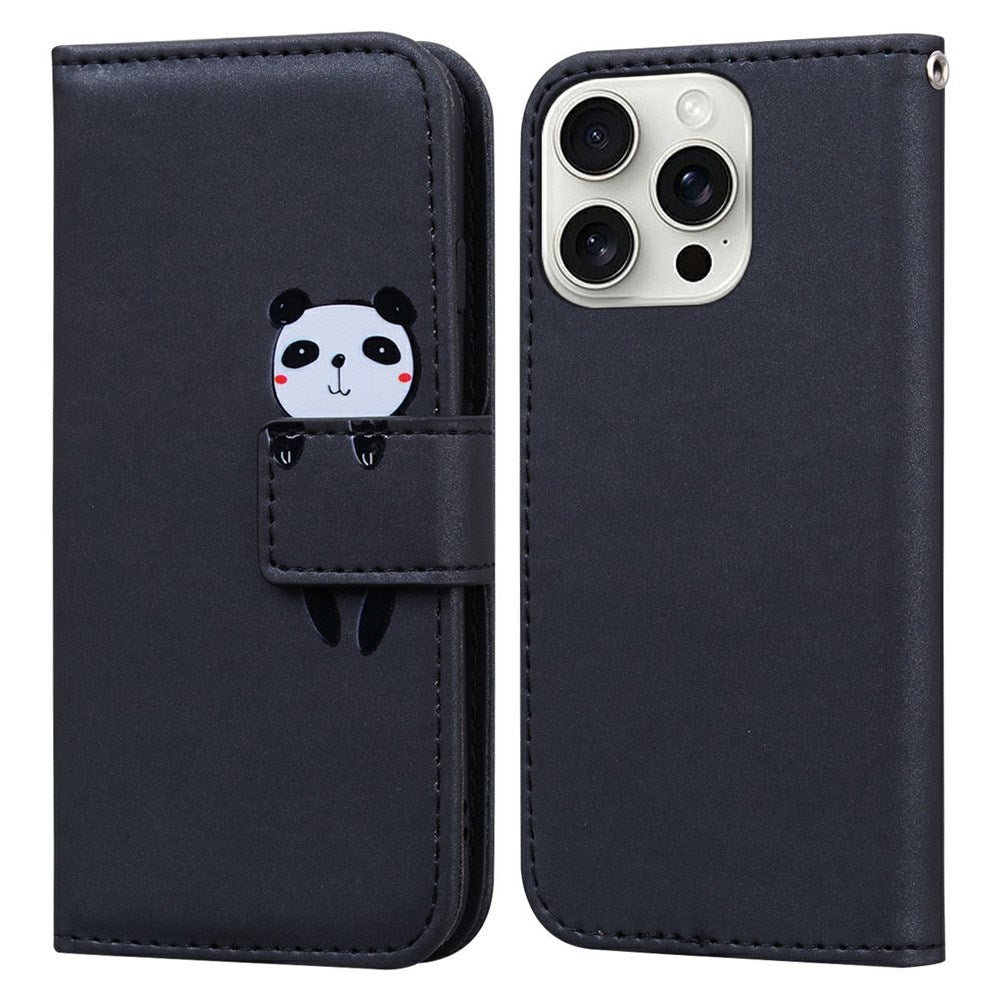 iPhone 16 Pro Faux Leather Flip Case with Character Design - Black