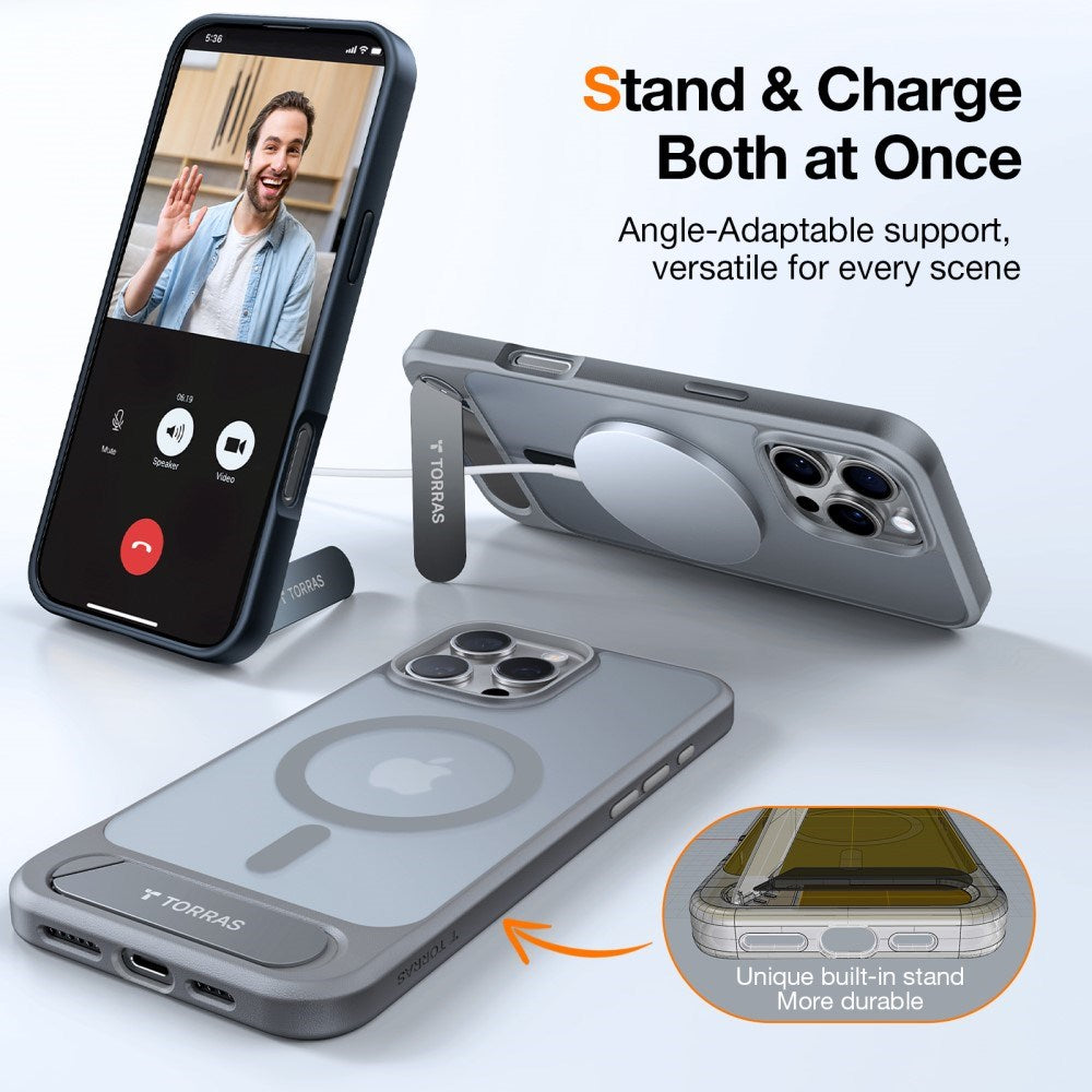 Torras iPhone 16 Pro Hybrid Case with Stand Function - MagSafe Compatible - Grey