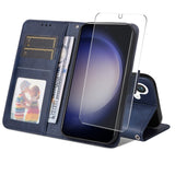EIDERWOOD Samsung Galaxy S25 / S24 2-in-1 Faux Leather Flip Case with Screen Protector Glass - Blue