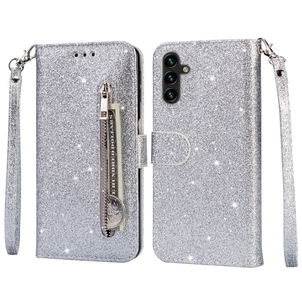 EIDERWOOD Samsung Galaxy S25 Glitter Flip Case with Zipper Pocket & Stand Function - Silver