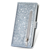 EIDERWOOD Samsung Galaxy S25 Glitter Flip Case with Zipper Pocket & Stand Function - Silver