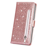 EIDERWOOD Samsung Galaxy S25 Glitter Flip Case with Zipper Pocket & Stand Function - Pink