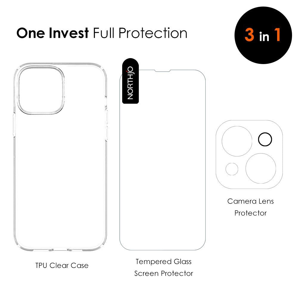 NORTHJO iPhone 14 | 3-in-1 360° Protection Set with Case | Screen Protector | Camera Lens Protector - Transparent
