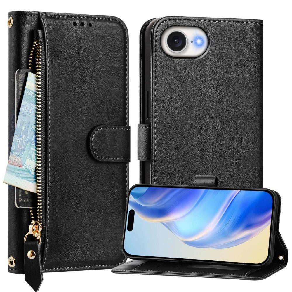 EIDERWOOD iPhone 16e Faux Leather Flip Case with Wallet & Strap - Black