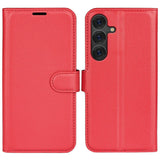 EIDERWOOD Samsung Galaxy S25+ (Plus) Shockproof Leather Wallet Cover with Litchi Texture - Red