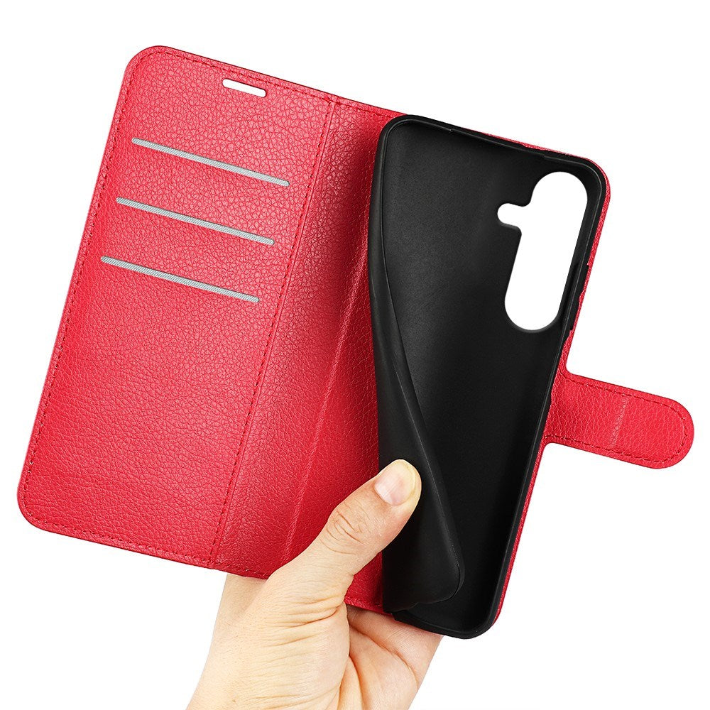 EIDERWOOD Samsung Galaxy S25+ (Plus) Shockproof Leather Wallet Cover with Litchi Texture - Red