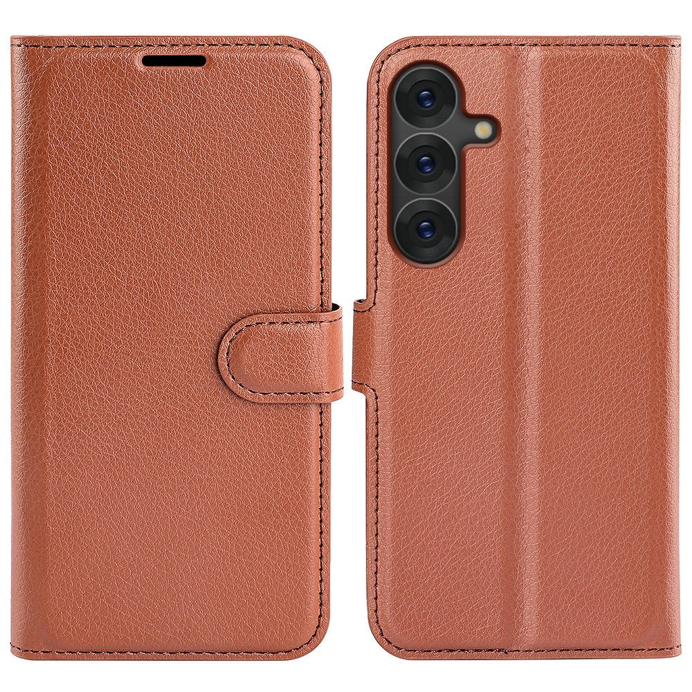 EIDERWOOD Samsung Galaxy S25+ (Plus) Shockproof Leather Wallet Cover with Litchi Texture - Brown