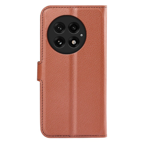 EIDERWOOD OnePlus 13 Shockproof Leather Wallet Cover with Litchi Texture - Brown