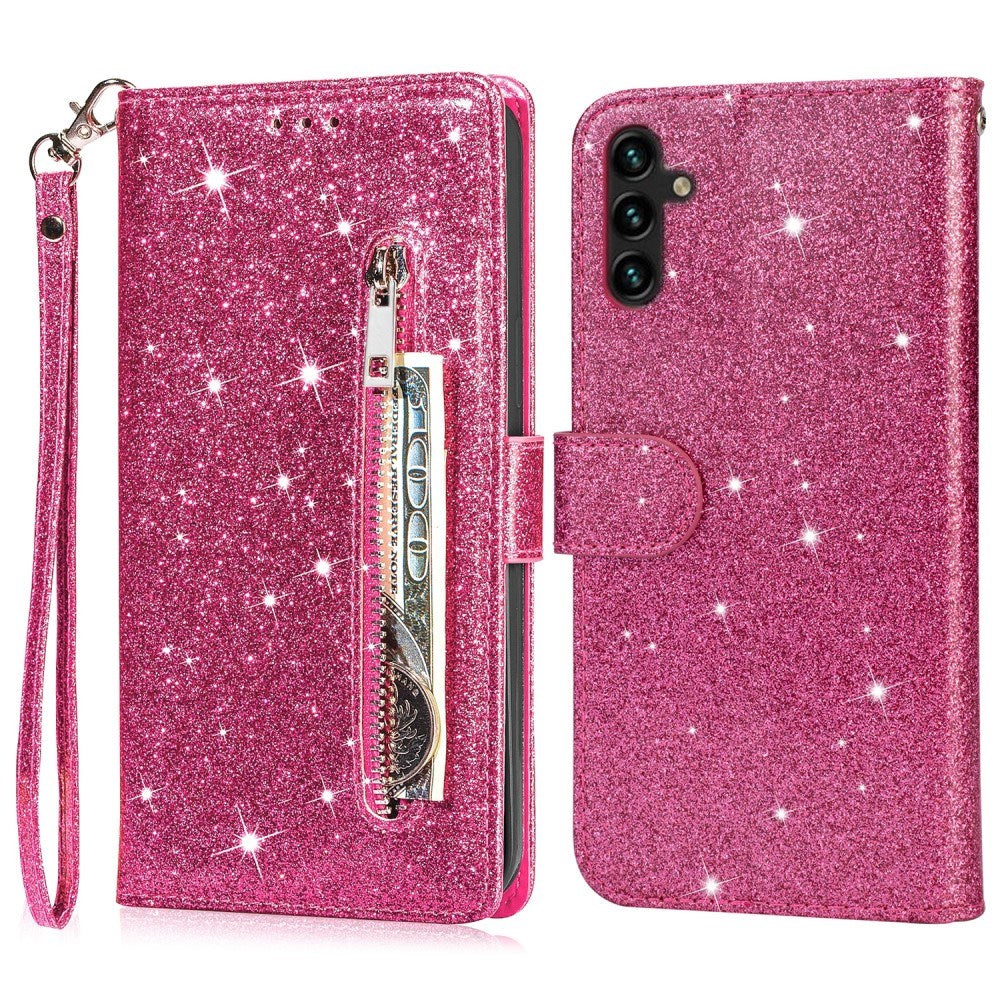 EIDERWOOD Samsung Galaxy A56 (5G) Glitter Flip Case with Zipper Pocket & Stand Function - Pink