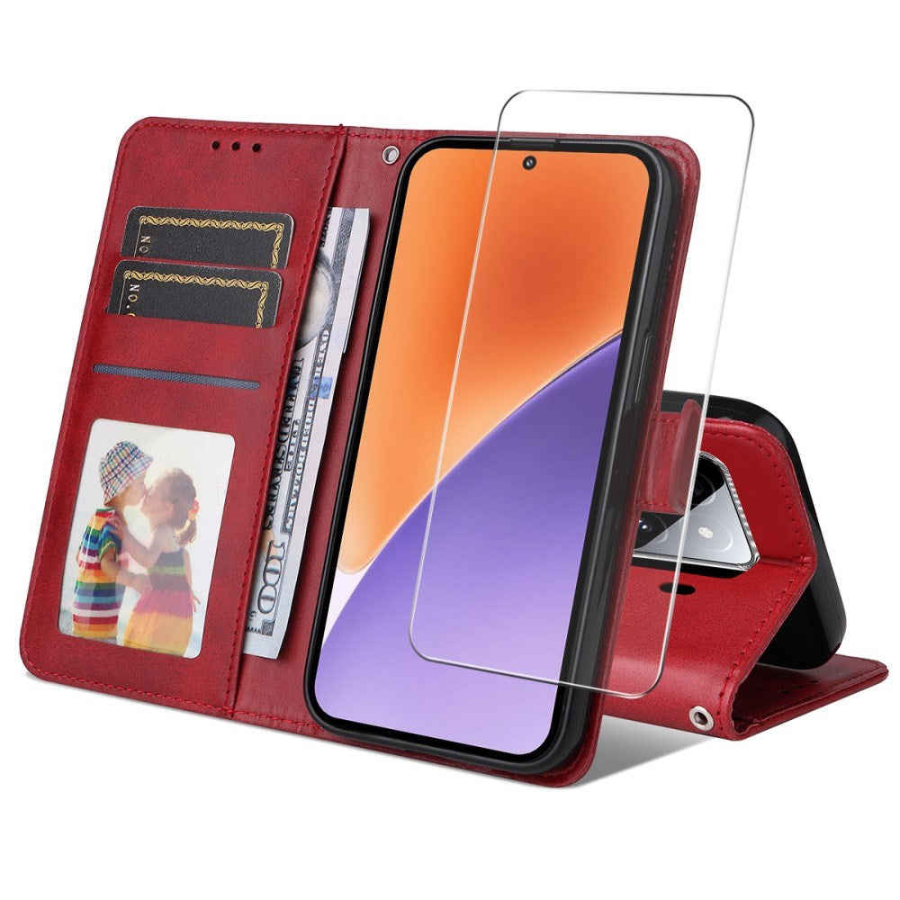EIDERWOOD Xiaomi 15 Faux Leather Flip Case with Strap & Screen Protection - Red
