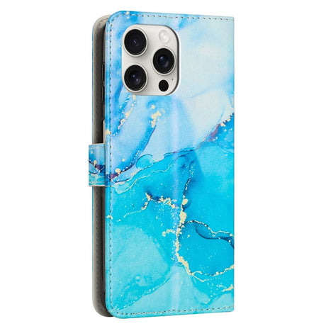 EIDERWOOD iPhone 16 Pro Max Faux Leather Flip Case with Wallet & Strap - Marble Design - Blue