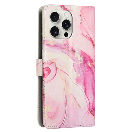 EIDERWOOD iPhone 16 Pro Max Faux Leather Flip Case with Wallet & Strap - Marble Design - Pink