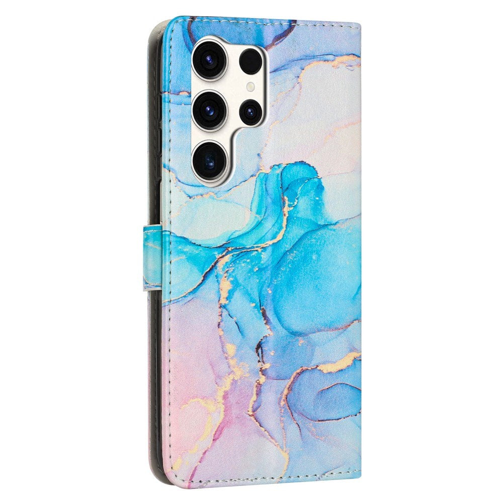 EIDERWOOD Samsung Galaxy S25 Ultra Marble Patterned Faux Leather Flip Case with Strap - Blue