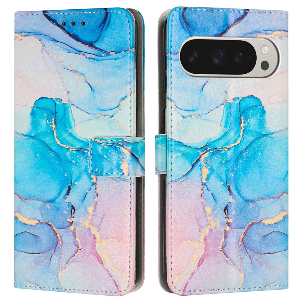 EIDERWOOD Google Pixel 10 Pro XL / 9 Pro XL Marble Patterned Faux Leather Flip Case with Strap - Pink / Blue