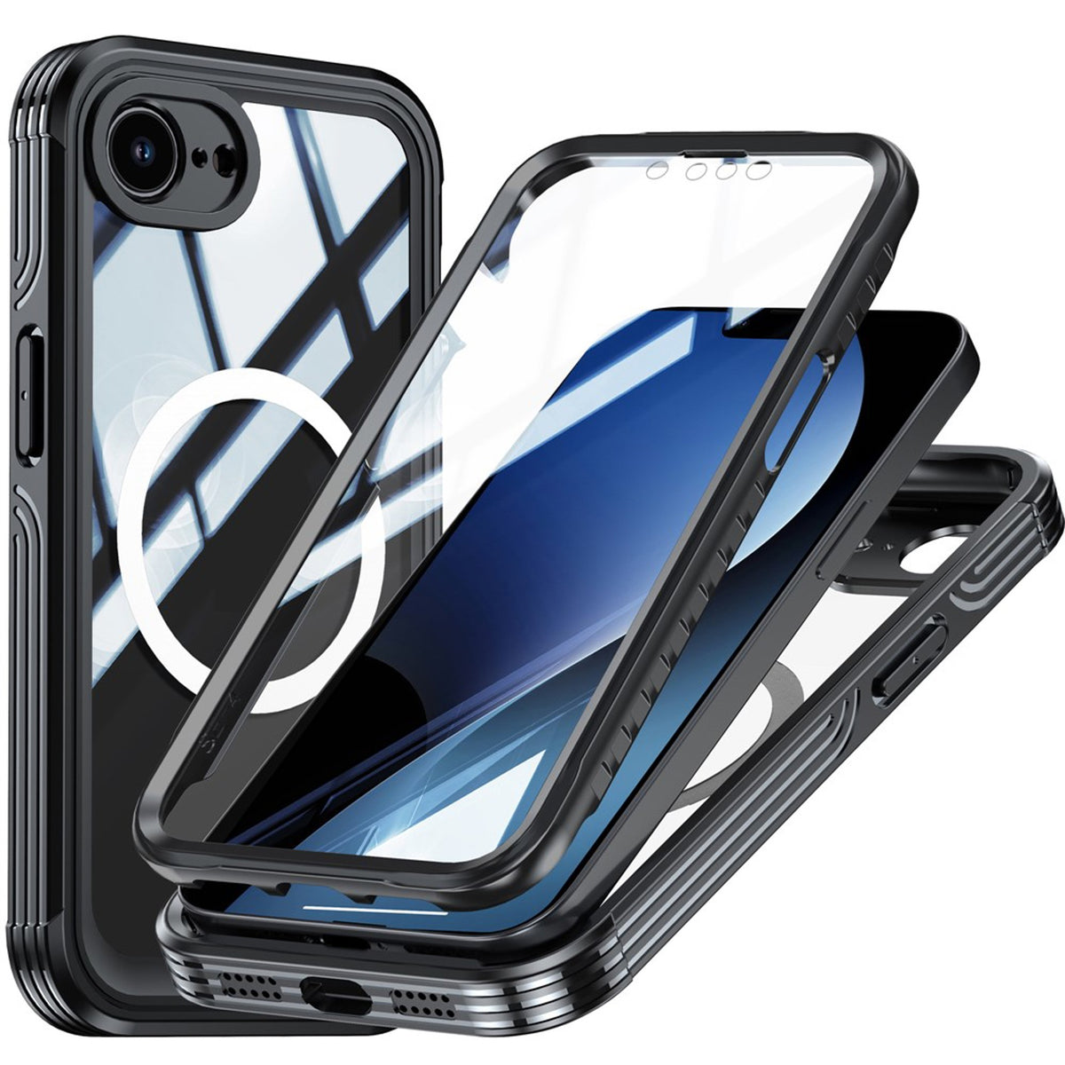 iPhone 17e / 16e Hybrid Plastic Case with Built-In Screen Protector - MagSafe Compatible - Transparent / Black