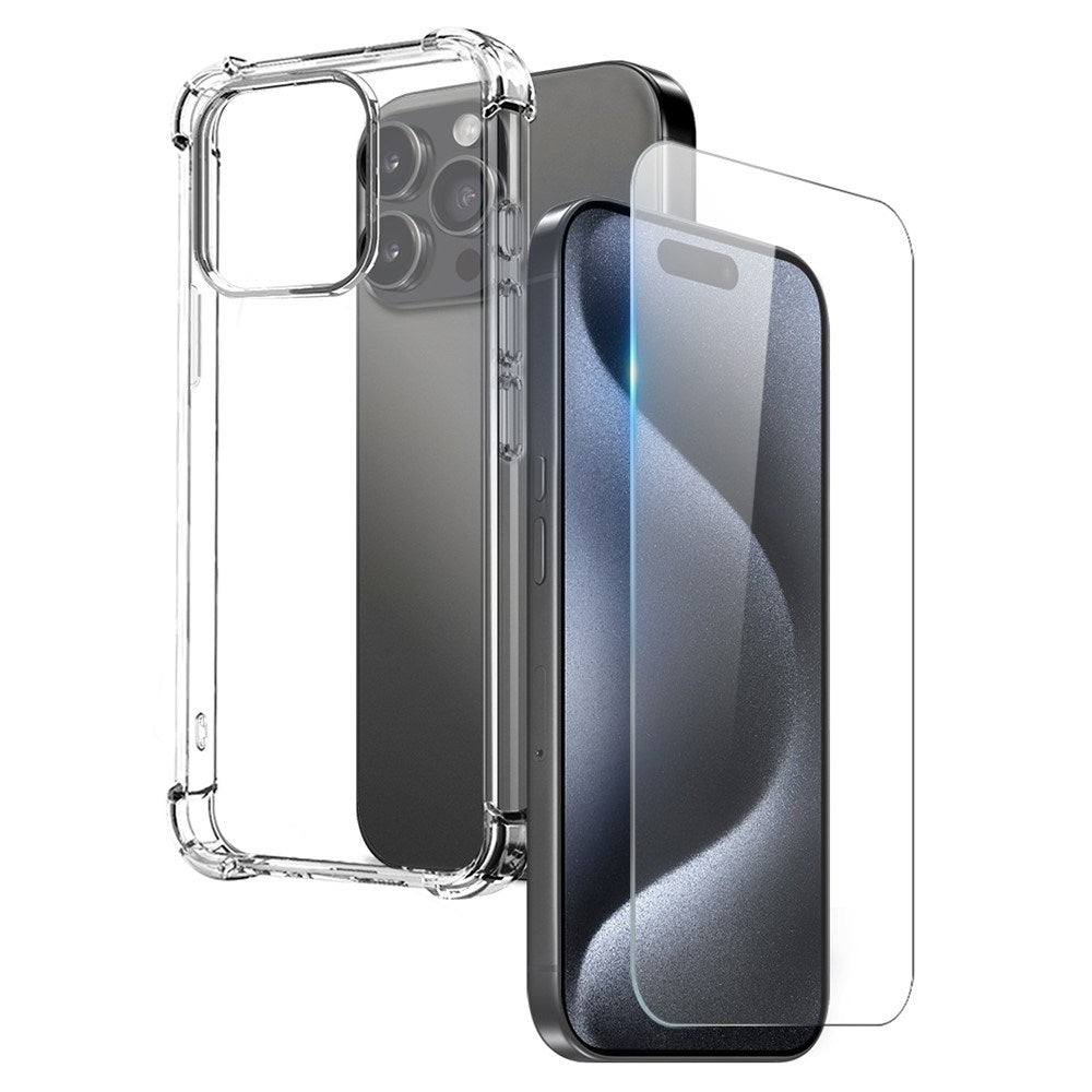 NORTHJO iPhone 15 Pro Max 2-in-1 Protection Set with Shock-Absorbing Flexible Plastic Case & Tempered Screen Protector Glass - Transparent