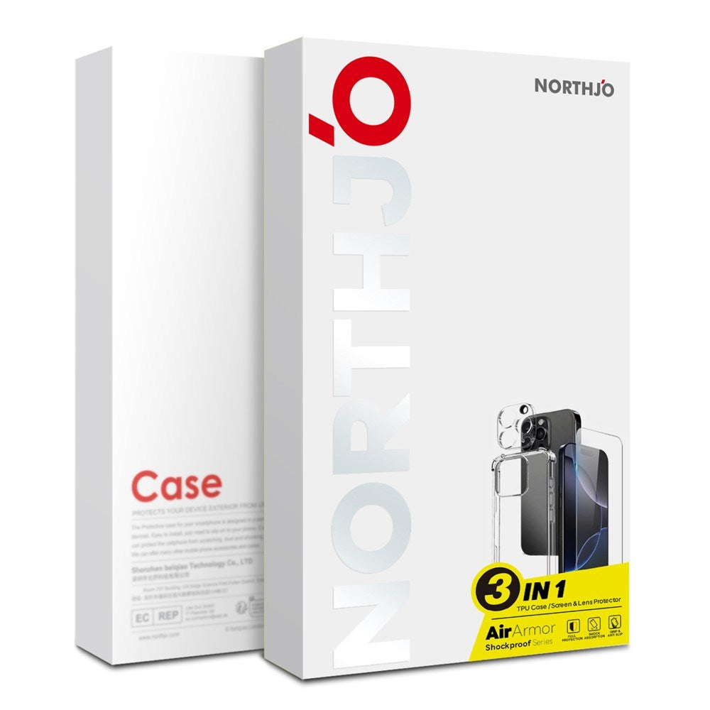 NORTHJO iPhone 15 3-in-1 Protection Set with Shock-Absorbing Flexible Plastic Case & Tempered Glass Screen Protector & Camera Lens Glass - Transparent