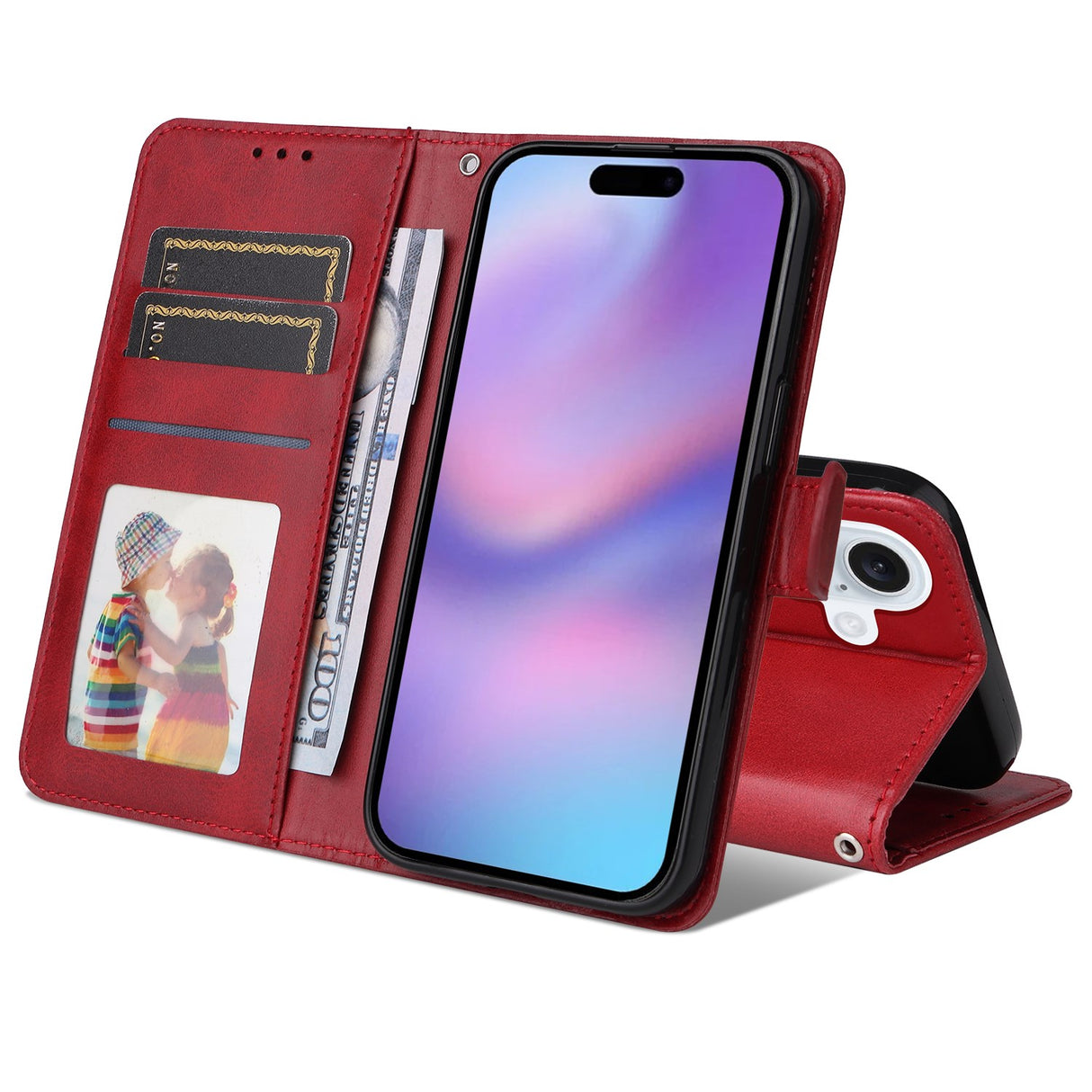 EIDERWOOD iPhone 17 Faux Leather Flip Case with Wallet & Strap - Red