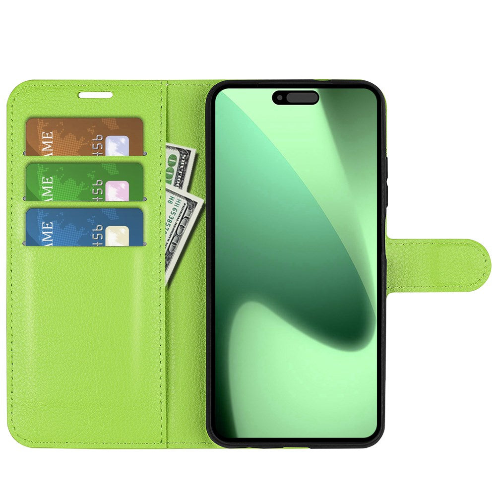 EIDERWOOD iPhone 17 Pro Litchi Flip Case with Built-in Card Holder & Stand Function - Green