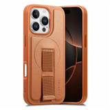 iPhone 16 Pro Hard Plastic Case with Faux Leather Back & Finger Strap - MagSafe Compatible - Brown