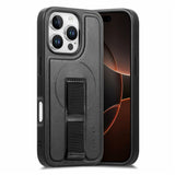 iPhone 16 Pro Hard Plastic Case with Faux Leather Back & Finger Strap - MagSafe Compatible - Black