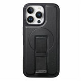 iPhone 16 Pro Hard Plastic Case with Faux Leather Back & Finger Strap - MagSafe Compatible - Black