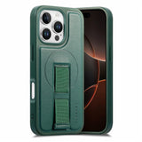 iPhone 16 Pro Hard Plastic Case with Faux Leather Back & Finger Strap - MagSafe Compatible - Green