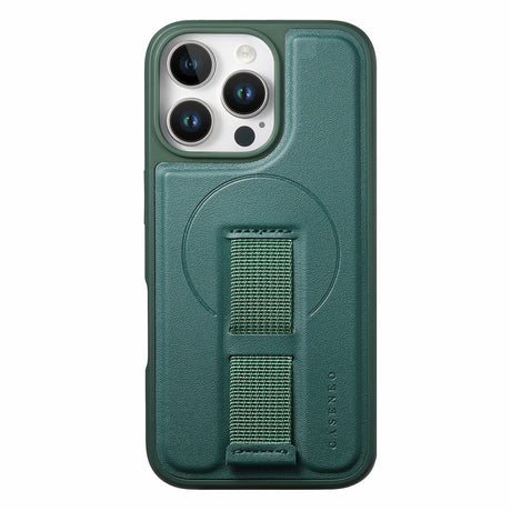 iPhone 16 Pro Hard Plastic Case with Faux Leather Back & Finger Strap - MagSafe Compatible - Green