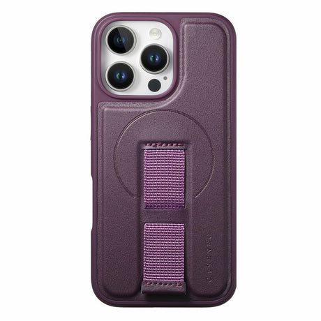 iPhone 16 Pro Hard Plastic Case with Faux Leather Back & Finger Strap - MagSafe Compatible - Purple