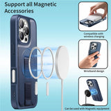 iPhone 16 Pro Hard Plastic Case with Faux Leather Back & Finger Strap - MagSafe Compatible - Blue
