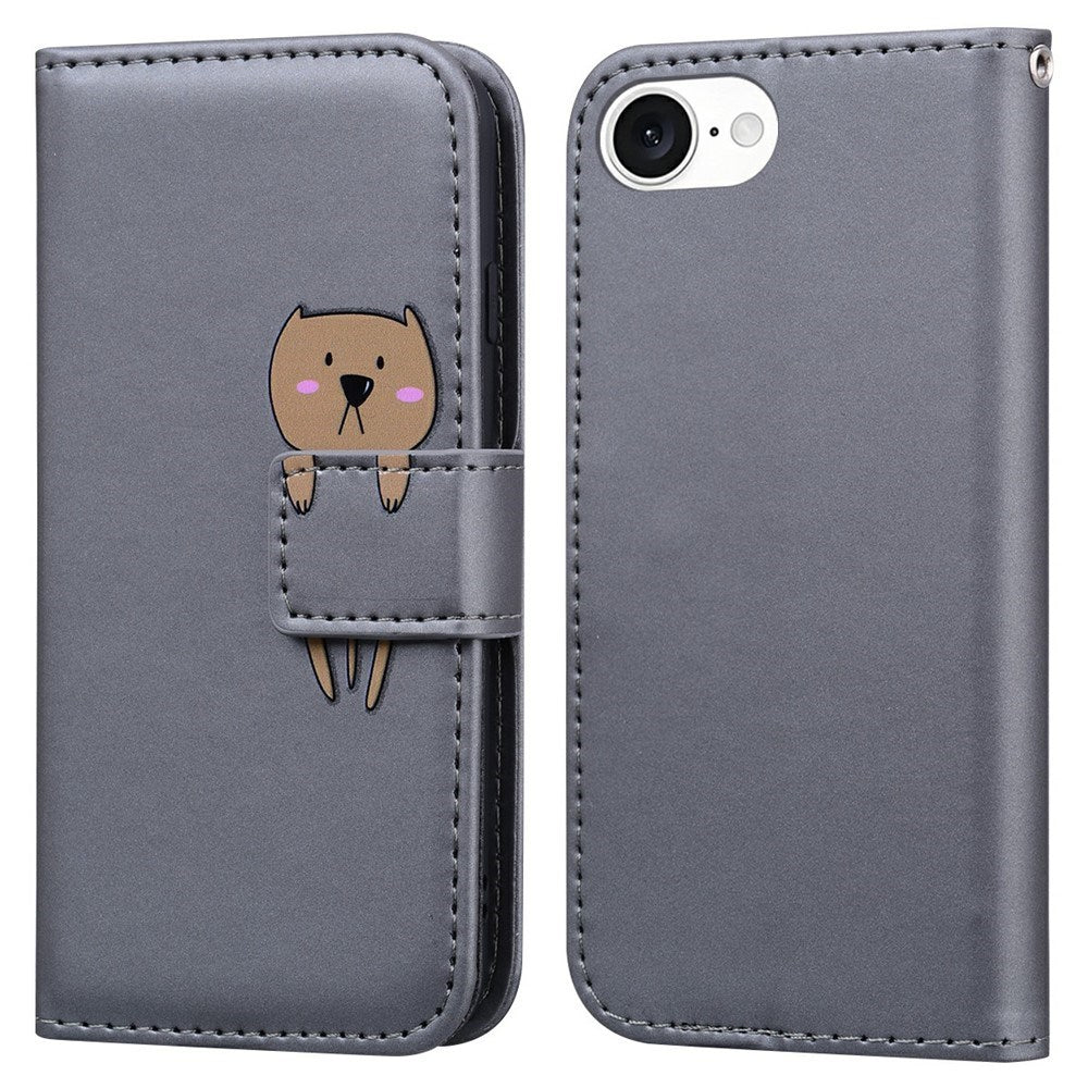 iPhone 17e / 16e Faux Leather Flip Case with Character Design - Grey