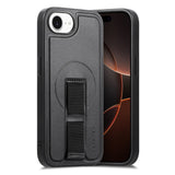 iPhone 16e Hard Plastic Case with Faux Leather Back & Finger Strap - MagSafe Compatible - Black